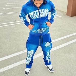 Conjunto de Sudadera con Capucha y Pantalones de Chándal de Algodón 100% Terry con Lavado Ácido, Estampado Serigrafiado Desgastado y Pantalones Acampanados para Invierno - Product Image 1