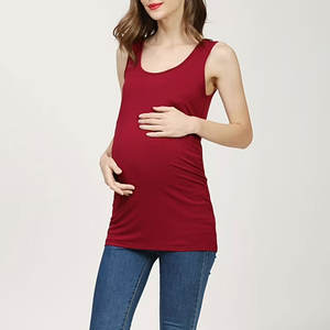Mujeres maternidad Tank Tops sin mangas Color sólido cuello redondo transpirable 100% algodón lado fruncido Bodycon vestido uso diario bebé - Product Image 6