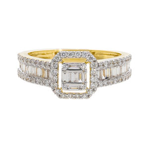Sofisticado anillo de doble banda con diseño de Halo abierto de oro de 14 quilates, pieza llamativa elegante con diamantes de corte redondo Baguette - Product Image 1