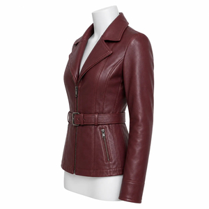 Luxury Women <b>Burgundy</b> <b>Leather</b> Belted <b>Jacket</b> Tailored Slim Fit Asymmetric Zip Notch Lapel Elegant Urban Fashion Custom Outerwear - Product Image 2