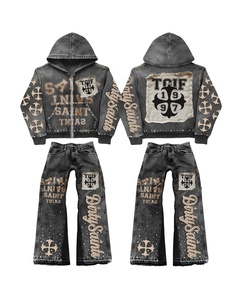 Ensemble en jean délavé pour homme : Veste à capuche oversize et jean baggy 2 pièces brodé, style streetwear Y2K Hip Hop, hiver, poids lourd - Product Image 1