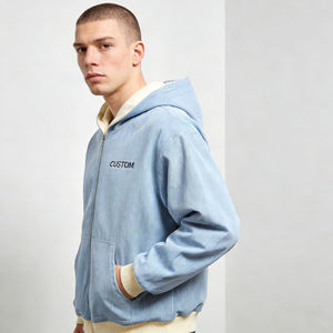 Sweat à capuche décontracté surdimensionné pour homme, tendance, bleu clair, crème, avec blocs de couleur, texture denim, coton, fermeture éclair, logo brodé personnalisé - Product Image 2