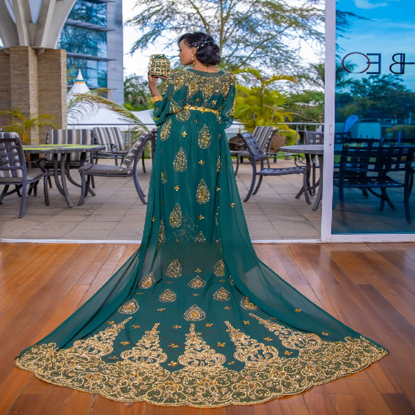 knee length dresses for ladies Alluring Aragsan (Dark Green) - Chiffon - Somali Bridal Dirac - TAILORED /  TOLAN [SEWN]