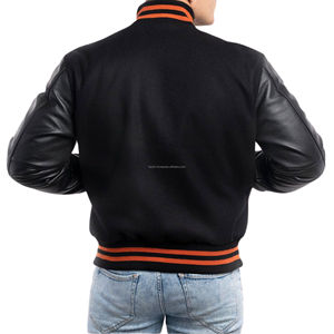 Chaqueta Universitaria Unisex Tipo Letterman, Cuerpo de Lana, Mangas de Cuero, Cierre de Cremallera, Chaqueta Bomber Ecológica con Parches, Estilo Pastel - Product Image 2