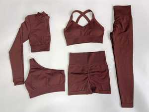 Conjunto Deportivo de Cinco Piezas para Mujer, Ropa Deportiva Reciclable para Gimnasio, Yoga, Entrenamiento, Top Corto de Manga Larga, Sujetador Deportivo, Pantalones Cortos de Cintura Alta - Product Image 2