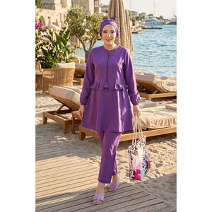 Conjunto de Traje de Baño de Tres Piezas Color Lila con Cintura con Volantes y Detalle de Cierre Frontal, Logotipo Personalizado, Sujetador Push-Up Disponible en Tallas Grandes XL - Product Image 3