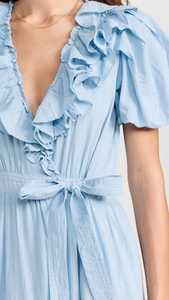 เดรสยาวผ้าเรยอนสำหรับผู้หญิง100% ลำลองแขนสั้นทรงหลวมคอแต่งระบายหรูหราโบฮีเมียนท้องฟ้าสีฟ้า - Product Image 4