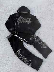 Custom Streetwear Side Zip up Rhinestone Hoodie Tracksuit <b>Jogging</b> Sweatsuit Jogger Double Waist Flared Sweatpants and Hoodie Set - Product Image 4