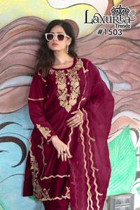 Lujoso traje de diseñador de traje recto de estilo pakistaní bordado en marrón con trabajo de hilo dorado para mujer - Product Image 3