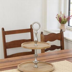 Support à gâteau en bois d'acacia à 2 niveaux avec tige en aluminium Plateau de présentation facile à assembler pour cupcakes et fruits-pour plateaux décoratifs Diwali - Product Image 3