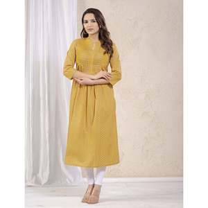 Kurti Recto Amarillo de Tela de Red con Estampado Butti, Traje Salwar Étnico Indio-Pakistaní de Alta Calidad, Estilo Anarkali, Última Moda para Fiestas - Product Image 6