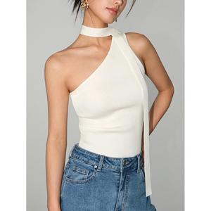 Women's Off <b>White</b> Asymmetric One-Shoulder Halter Ribbed Knit Tank <b>Top</b> - Product Image 2