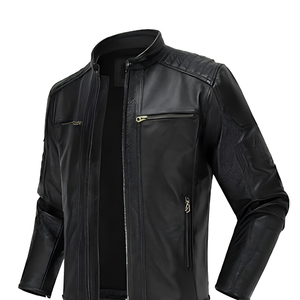 Men's Black Cowhide Leather Coated <b>Biker</b> <b>Jacket</b> Moto Style Zipper Closure Turn-down Collar Regular Fit Autumn Outerwear - Product Image 3
