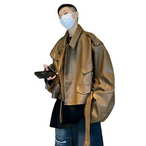 แจ็กเก็ตหนังผู้ชายสีน้ำตาลวินเทจสไตล์อเมริกัน, แจ็กเก็ตรถจักรยานยนต์ทรงหลวมลำลองฤดูใบไม้ร่วงฤดูใบไม้ร่วง - Product Image 1