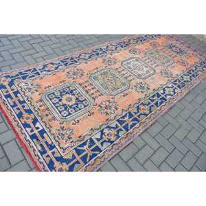 Grand tapis turc vintage 4,7x11,3 pieds, tapis persan bleu orange - Product Image 2