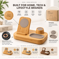 Station de charge 3-en-1 en bambou pour téléphone, montre et écouteurs, avec inserts de chargeur remplaçables, pour la maison et la table de chevet, vente en gros OEM