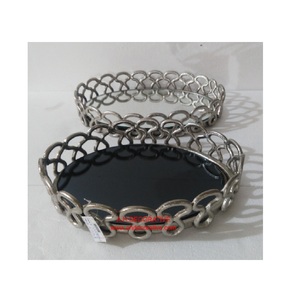 Plateau rond en marbre de haute qualité fait à la main avec bordure en métal Lot de 2 pour hôtel et restaurant servant du café - Product Image 1