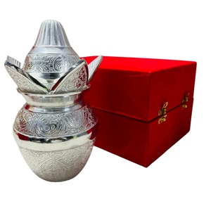 German-Argent Plaqué Pooja Kalash lota avec noix de coco, feuilles et Royal Velvet Box Poojan Home, Temple Wedding Gift - Product Image 3