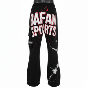 Premium Cotton Polyester Fleece <b>Black</b> Flare Pant Soft Brushed <b>Fabric</b> Cargo Panel Screen Print Custom Logo Flare Men's Pants - Product Image 2