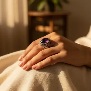 Boucles d'oreilles fines en argent 925 pour femmes, bijoux en pierre précieuse améthyste, bague - Product Image 3