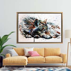 Impresión de pintura moderna de lobo: elegante lienzo de arte de pared de vidrio templado, lienzo con marco dorado - Product Image 1