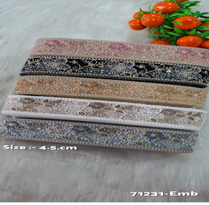 Custom made floral embroidered <b>laces</b> in 4.5 inch width with sequins work in five colour options for ladies wear and resale. - Product Image 1