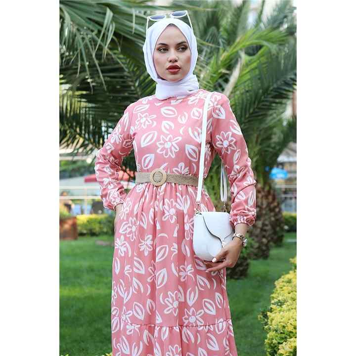 Güner Big Flower Patterned Dress 554 - Powder
