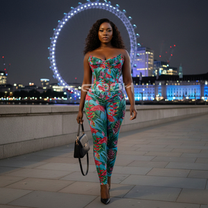 Ensemble Corset Sculptant et Leggings Extensibles à Sublimation Florale Personnalisée, Corset Bustier à Baleines en Acier, Tenue de Soirée 2 Pièces pour Femme - Product Image 4