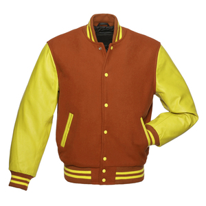 Chaqueta Universitaria de Béisbol Estilo Letterman de Primera Calidad, Color Morado y Dorado, Mangas de Cuero Genuino - Product Image 2