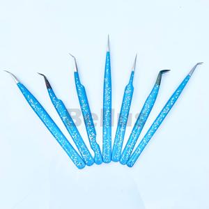 Nouveau Style bleu poudre revêtement pince à cils en acier inoxydable pince à épiler à pointe de Fiber à poignée unie pour Extensions - Product Image 3