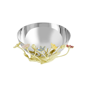 Bol de service artisanal en acier inoxydable et laiton oxydé, bol à collation décoratif naturel avec support en forme de branche d'arbre et de fleurs pour la maison - Product Image 3