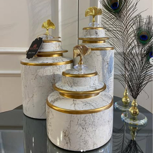 New Trending Aluminum Metal Sets Of 2 Leaf Designer White and Gold Finish <b>Decorative</b> Ginger Jar Home Latest Arrival - Product Image 1