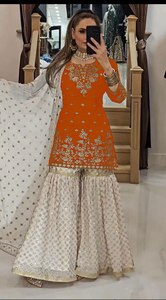 Salwar Kameez Tradicional Ligero con Bordado en Tela de Georgette Sintética de Alta Calidad, Estilo Faisalabad, Último Diseño, para Novia - Product Image 5