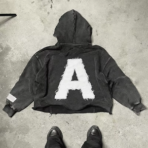 Sweat à capuche pour homme en coton 100% avec étiquette personnalisée, broderie usée, coton délavé à l'acide, fermeture éclair, strass - Product Image 5