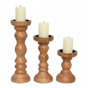 Handcrafted Wooden Pillar <b>Candle</b> Holder <b>Set</b> With Rounded Contours And Rustic Mid Century Inspired Profile Unique - Product Image 3