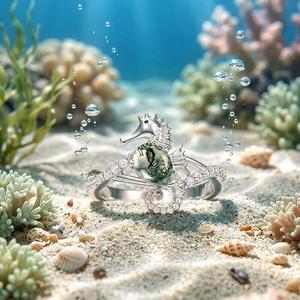 Jeulia Hug Me Rose Gold Plated Stainless Steel Moss Agate Seahorse Engagement <b>Ring</b> - Product Image 4