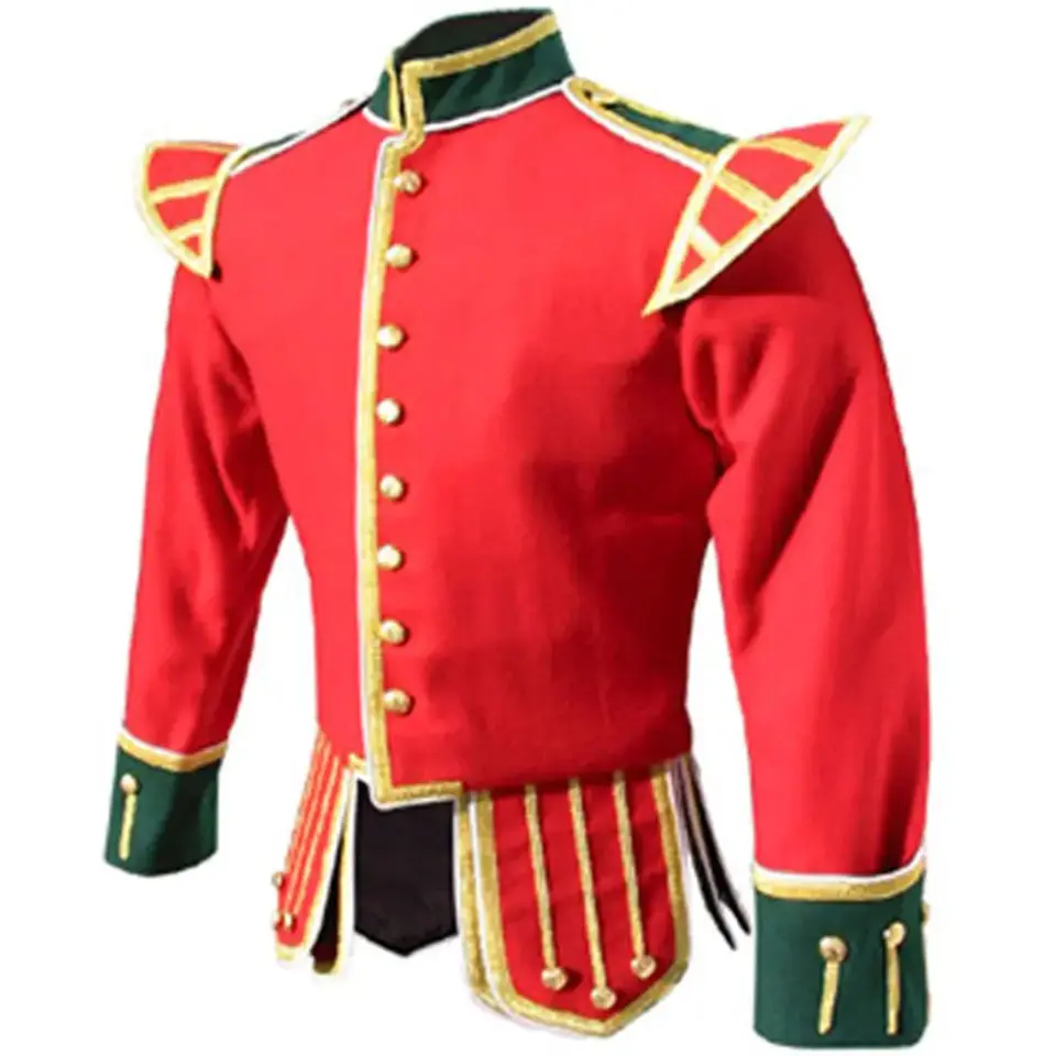 Rode Doublet Pipers Fanfare Jas Met Groene Manchetten En Kraag Versierde Gouden Knopen Veters En Witte Biezen Op Maat Gemaakt