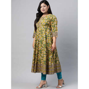 Blusa y camisa elegante de algodón con estampado floral verde para mujer Anarkali Kurta con estampado floral verde - Product Image 6
