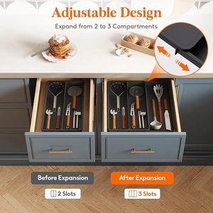 Organizador de cajones, divisor extensible, 3 bandejas para cubiertos de cocina para cajones de cocina, soporte ajustable para cubiertos - Product Image 6