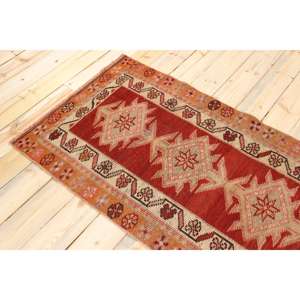 Tapis vintage 2,8 x 12,2 pieds, tapis, tapis à bordure rouge en laine - Product Image 4