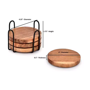 Crescent Crafts Handmade Classic Style Wooden <b>Coaster</b> <b>Set</b> of 4pcs <b>with</b> Iron <b>Holder</b> and Custom Diameter - Product Image 2