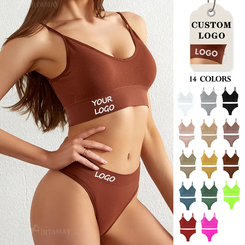 Airtamay Custom Logo Two Pieces Non-underwire Top Bra Deep U Sexy Back Bra And Panties Set With Removable Pads For Women