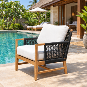 Fauteuil de jardin moderne en corde tressée, chaise longue d'extérieur en bois avec coussin pour piscine, villa, hôtel - Product Image 1