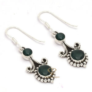 Pendientes de piedras preciosas de ónix verde natural de forma redonda Plata de Ley 925, Pendientes colgantes y colgantes hechos a mano para proveedores mayoristas - Product Image 1