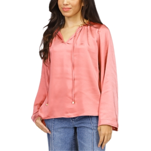 Top Michael Kors da donna a maniche a campana larghe con scollo a catena in raso chiffon lavorato a maglia XL Primavera/Estate Casual Corto con logo - Product Image 4