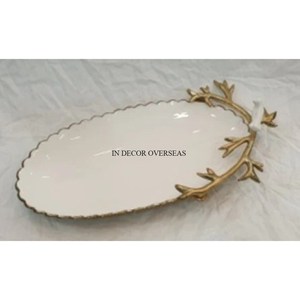 ชามเสิร์ฟอาหารแฟนซีเคลือบผงโลหะสีขาวด้ามจับชุบทอง - Product Image 1