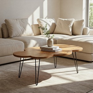 Table basse en bois en forme de trèfle avec pieds en métal en épingle à cheveux noirs uniques pour meubles de salon à la maison - Product Image 1