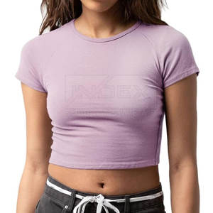 เสื้อยืดครอปผ้าฝ้าย/โพลีเอสเตอร์ย้อมสีล้วนสำหรับผู้หญิง - Product Image 2