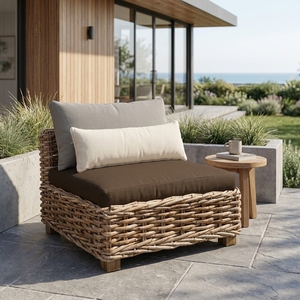 Natural Chunky <b>Rattan</b> <b>Outdoor</b> Armless Chair Brown Cushion Cream Bolster Pillow Setup Decor Pure Art Room Design - Product Image 4