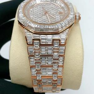 Moda de lujo de negocios Moissanite Baguette reloj de pulsera banda de acero inoxidable esfera analógica 41mm movimiento de cuarzo fecha automática boda - Product Image 5